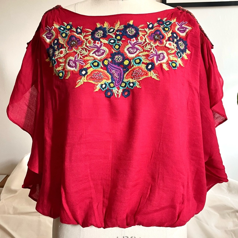 Boho Floral Embroidered Dolman Slv. Top with Knit Detail on shoulder
